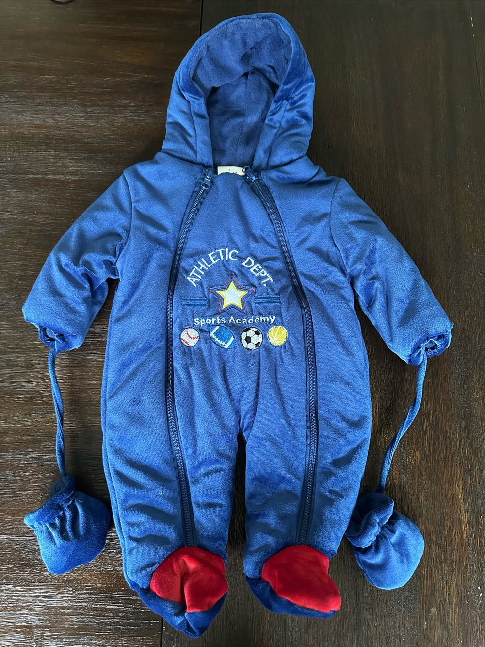 Blue Hooded Baby One-Piece Footie with Sports Embroidery